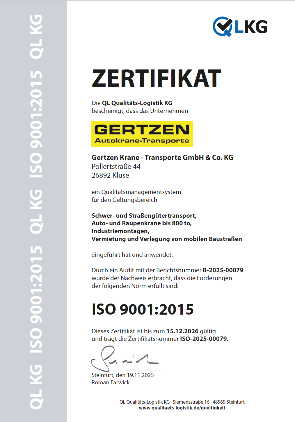 QL KG ISO 9001 Gertzen Kluse DE 2026