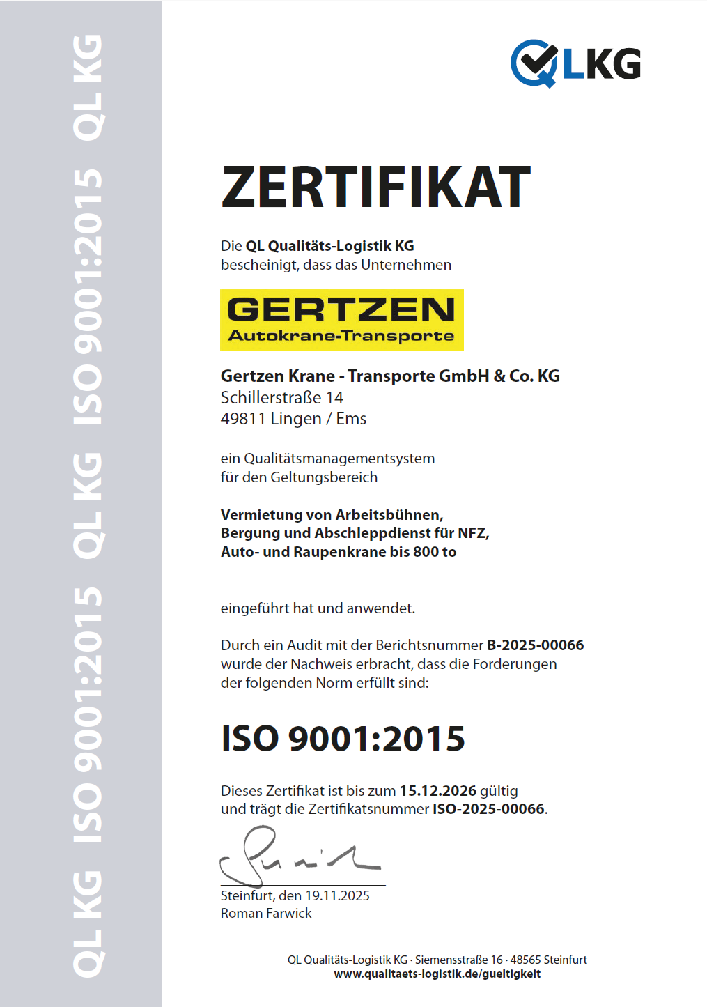 QL KG ISO 9001 Gertzen Lingen DE 2026