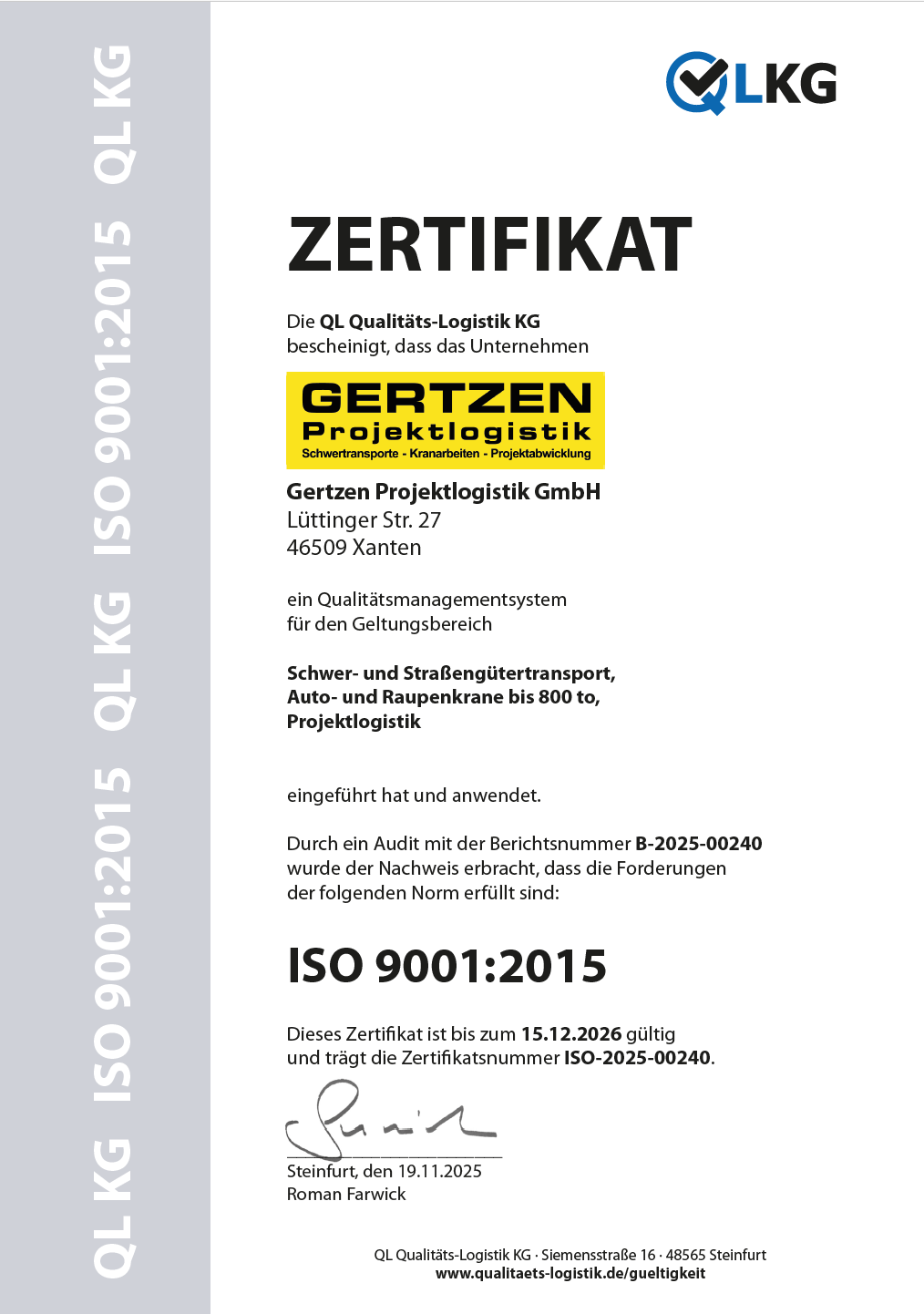 QL KG ISO 9001 Gertzen Xanten DE 2026